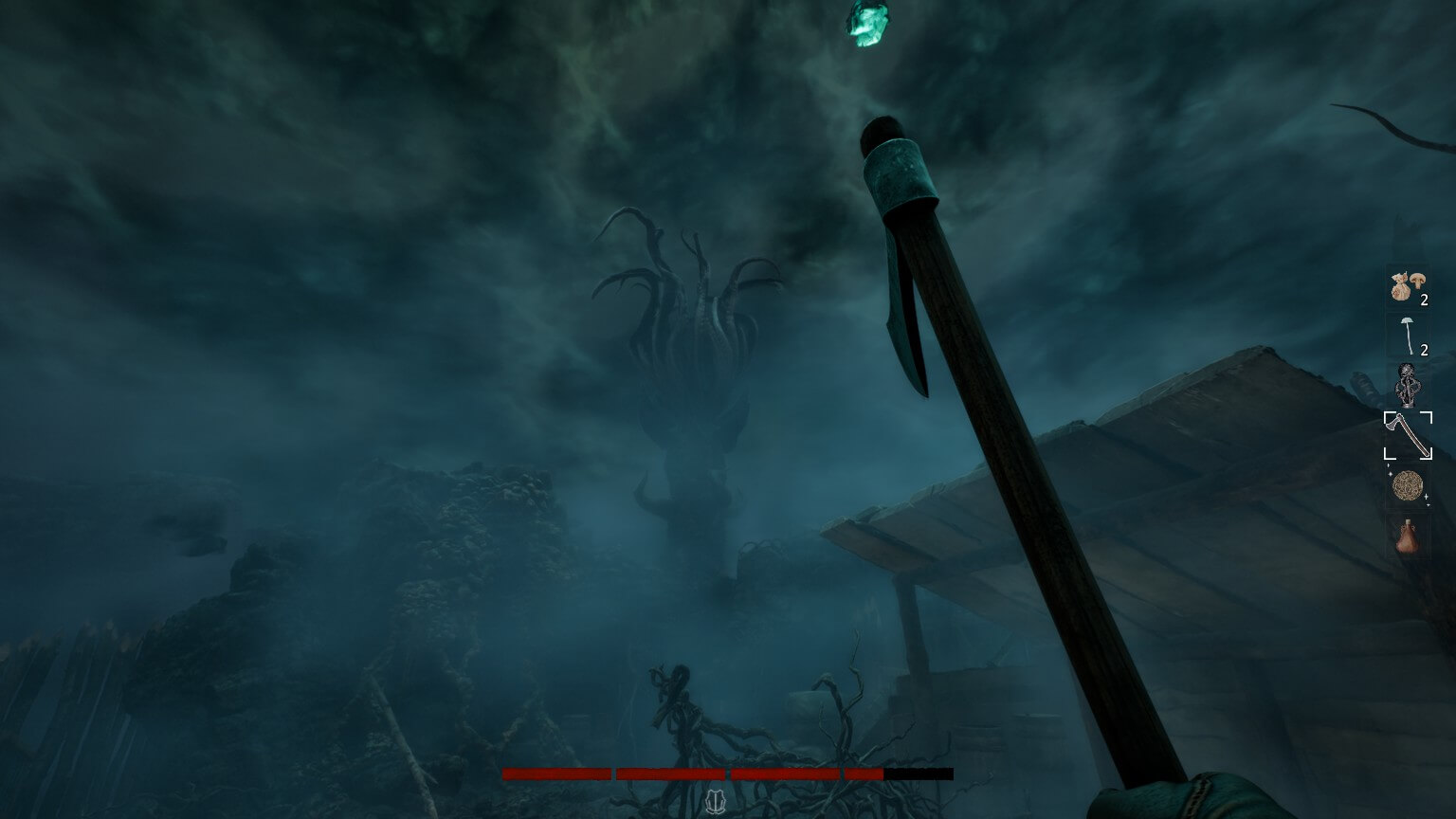 The player is looking up at a towering tree or maybe a creature, it has branches that look like tentacles. But it is slightly hidden among the mist. An Axe is shown equipped in the players right hand.