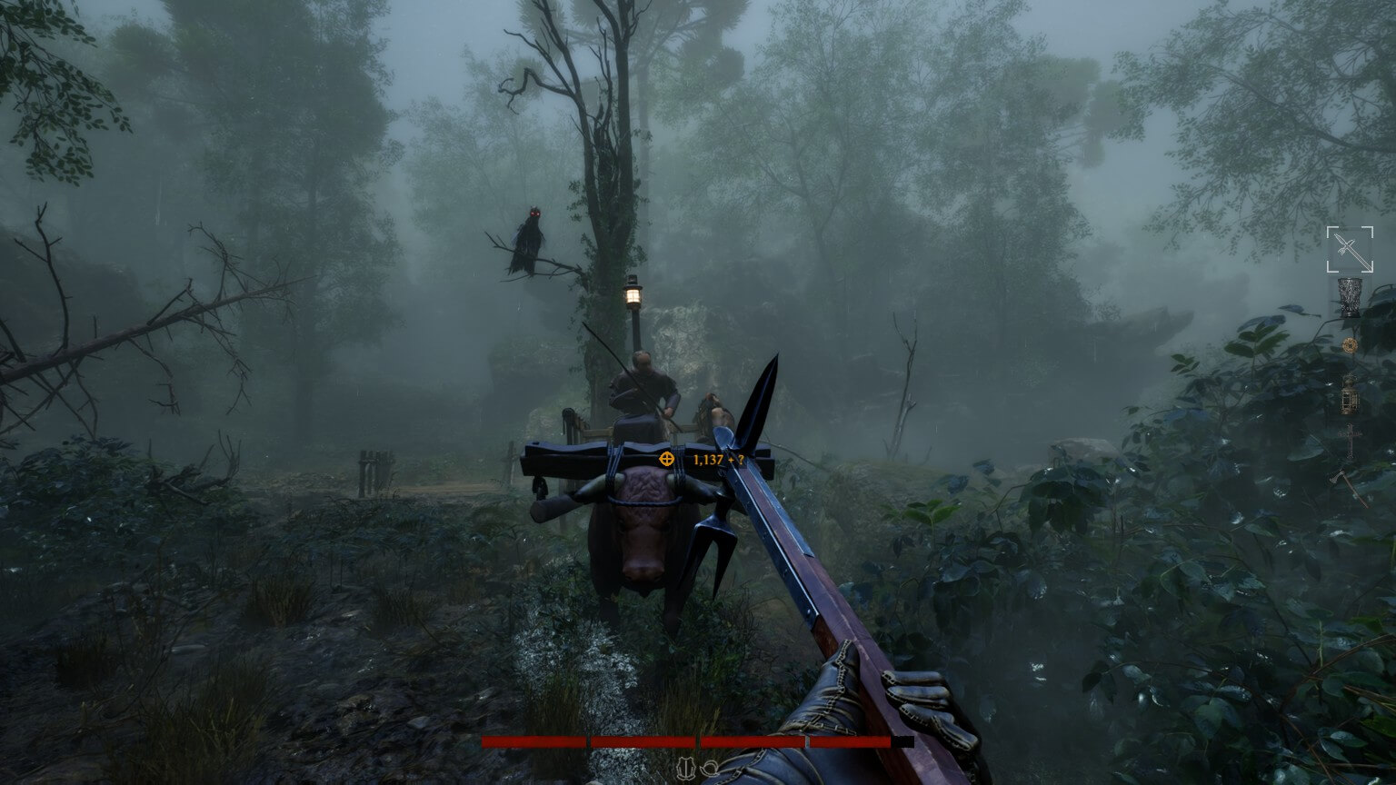A cart being pulled by an red-haired ox and riding it is the owner who looks like a monk. On a tree close by to the cart is a large avian creature but instead of normal head it is more human-like. The player is hilding a musket.