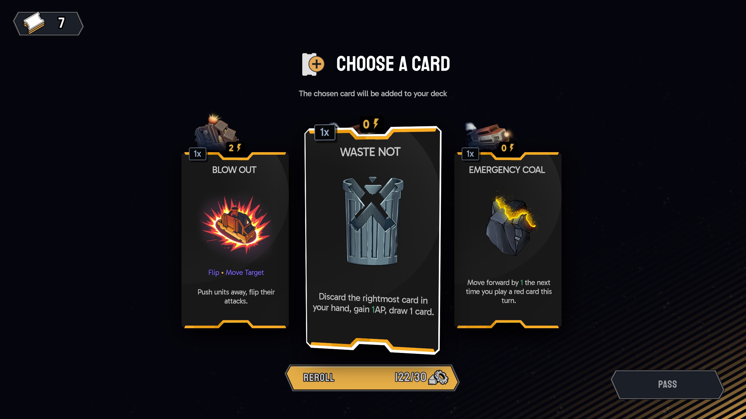 Game screen showing a card selection menu with three cards: Blow Out, Waste Not, and Emergency Coal, plus options to reroll or pass.