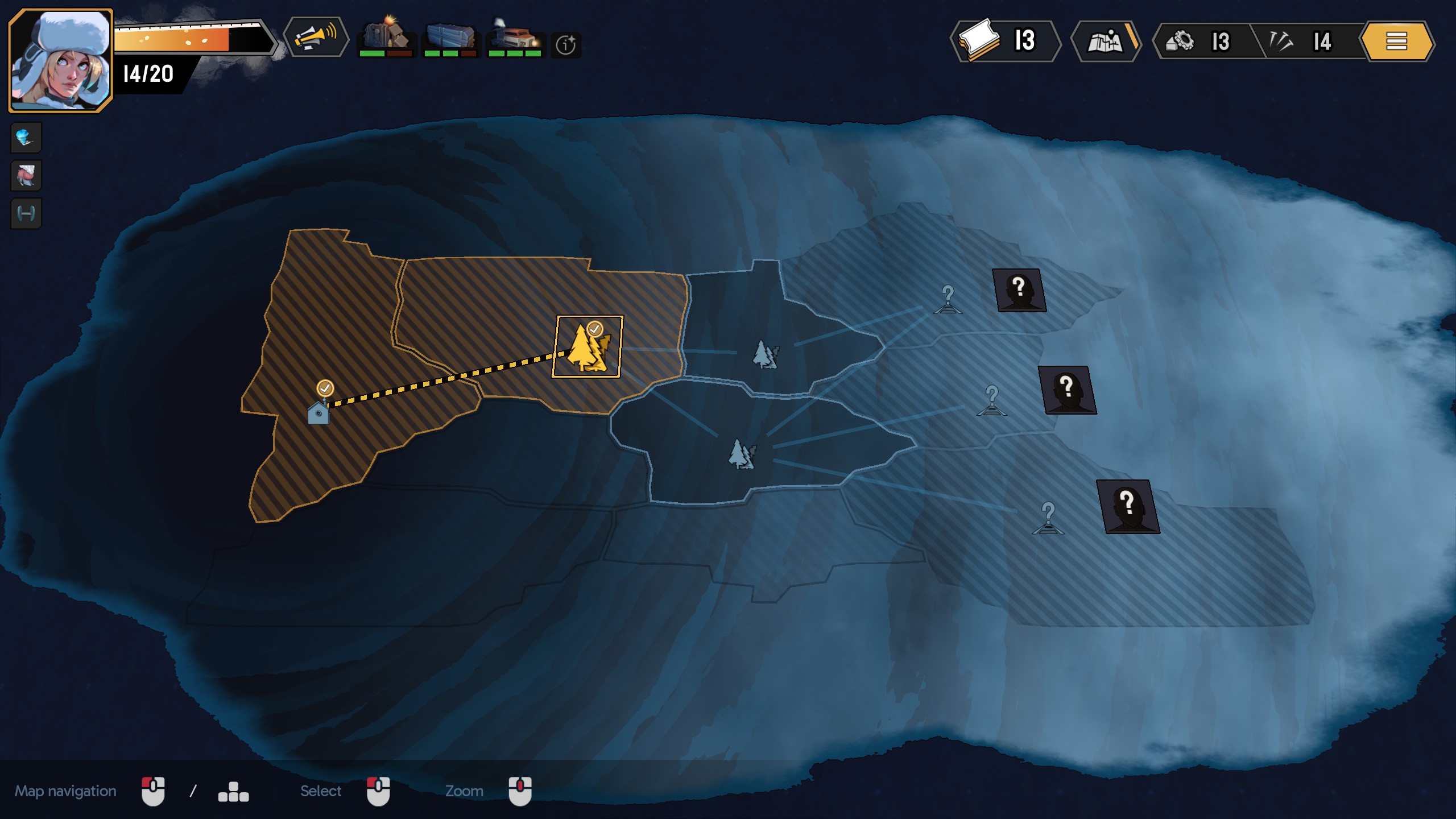 Game map screen showing explored and unexplored regions with icons, resources, and a character portrait with health status.