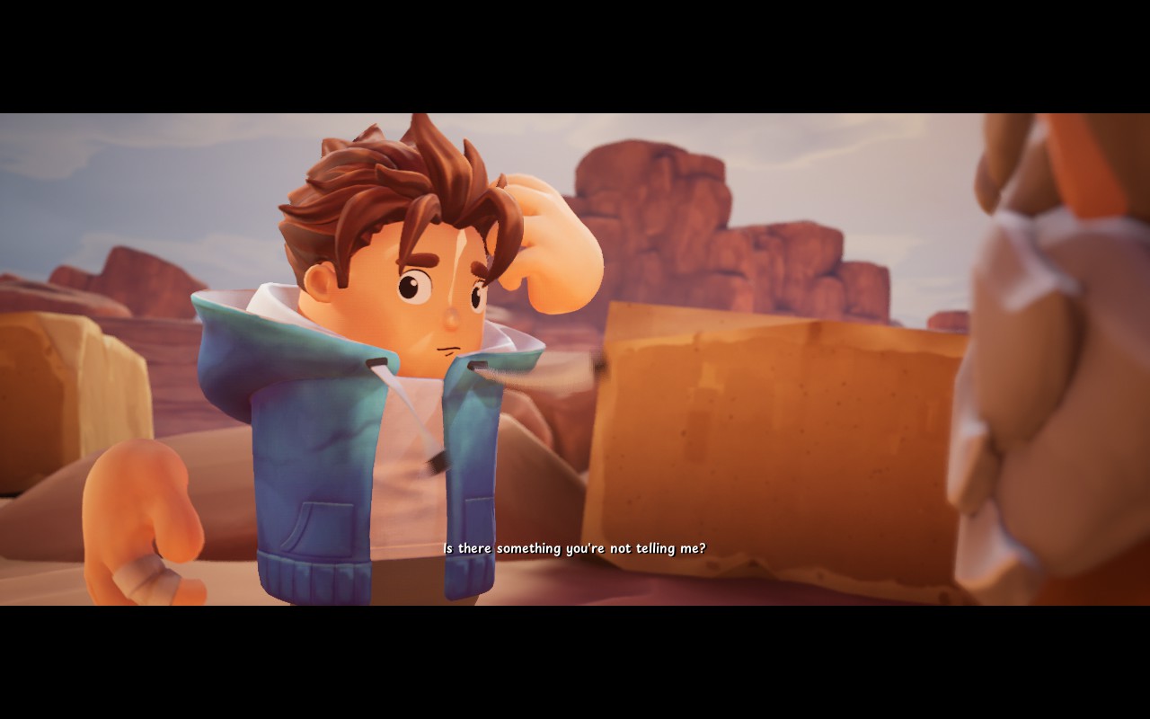 Animated character in a blue hoodie scratching his head with desert rocks in the background, asking, "Is there something you're not telling me?"