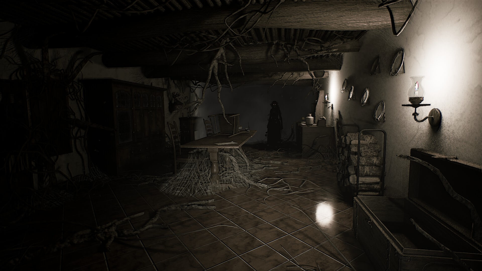 The whole room is filled with overgrown roots that are sprouting from the walls and ceiling. In the back is a dark figure who is the main villian, Umbra. 
