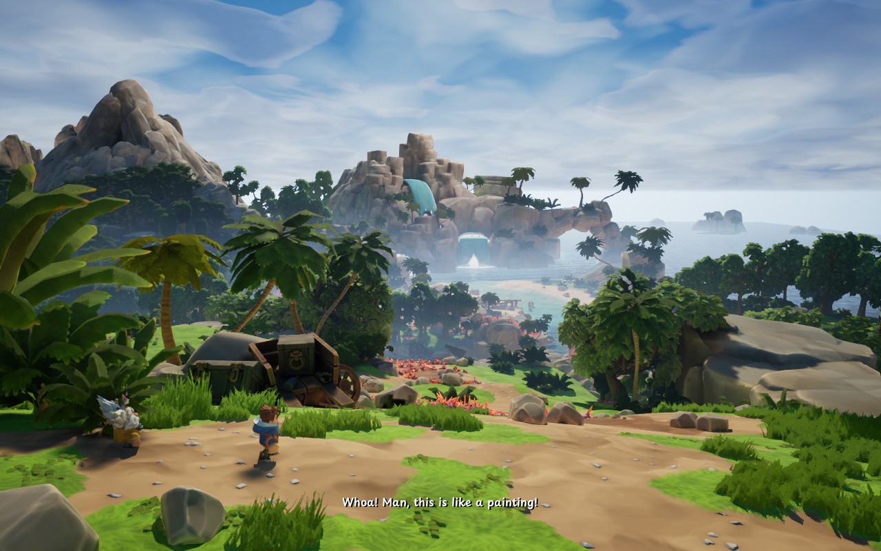 Colorful animated tropical island landscape with lush greenery, rocky mountains, waterfalls, and characters on a dirt path.