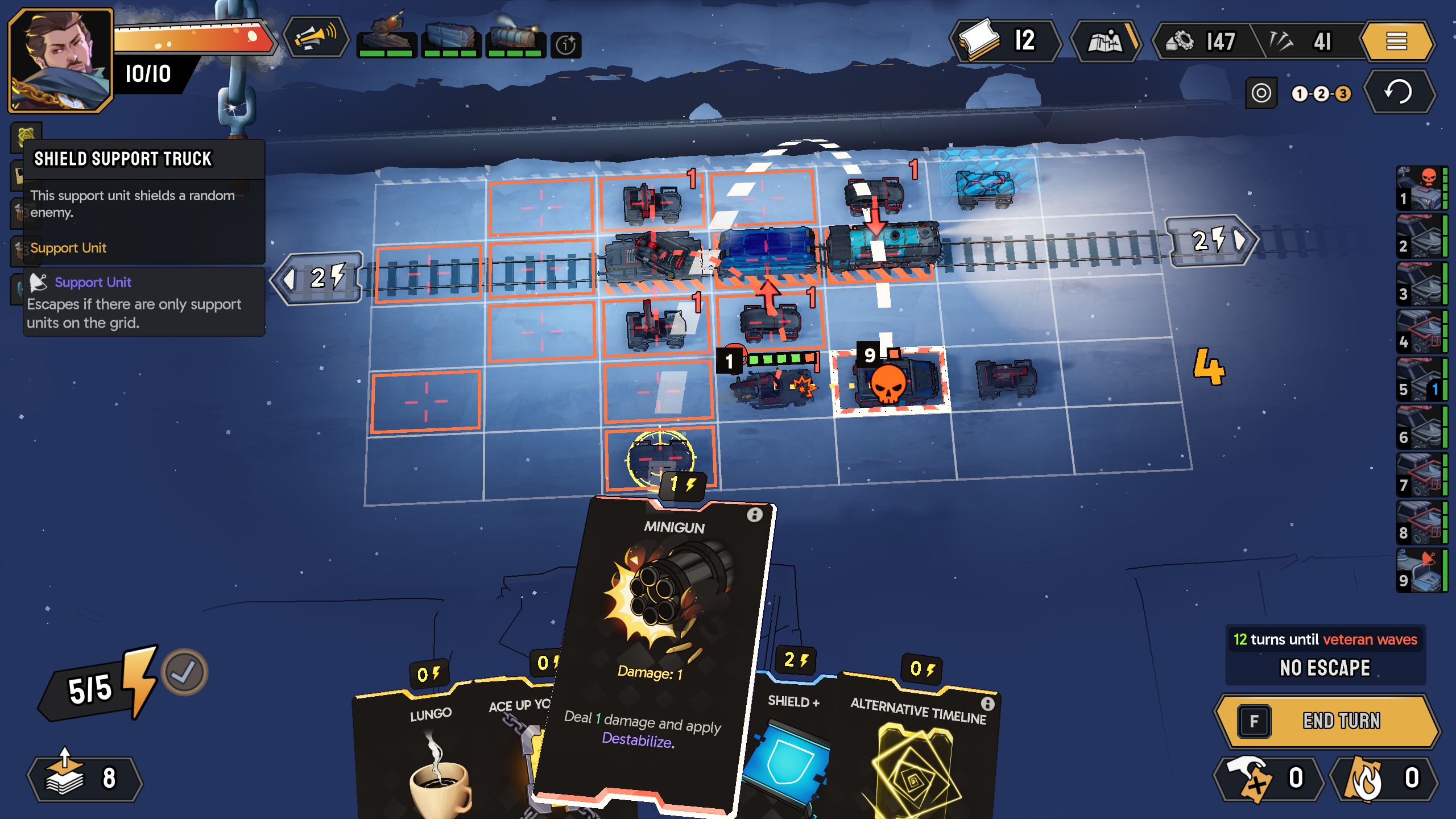 Turn-based strategy game screen showing a grid with enemy units and a card selection interface with "Minigun" highlighted.