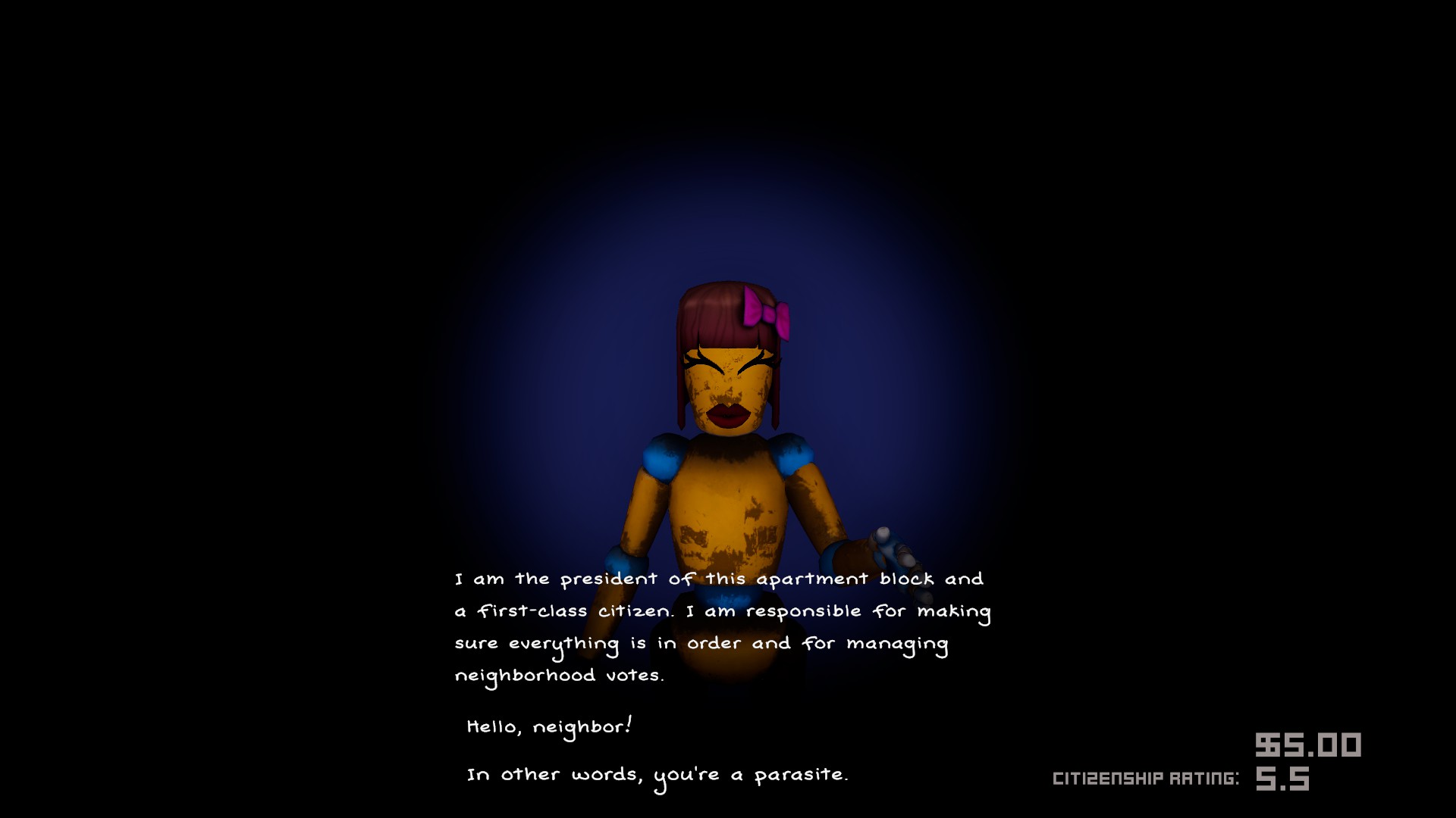 A female puppet-like character stands in front of a blue background. There is a lot of text on the screen:"I am the president of this apartment block and a first-class citizen. I am responsible for making sure everything is in order and for managing neighborhood votes." There are two response options for the player: "Hello, neighbor!" or "In other words, you're a parasite."