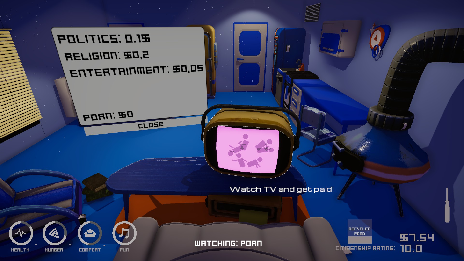 Video game scene of a blue-toned room with a TV, kitchen, stove, and a stats screen showing spending categories and health indicators.