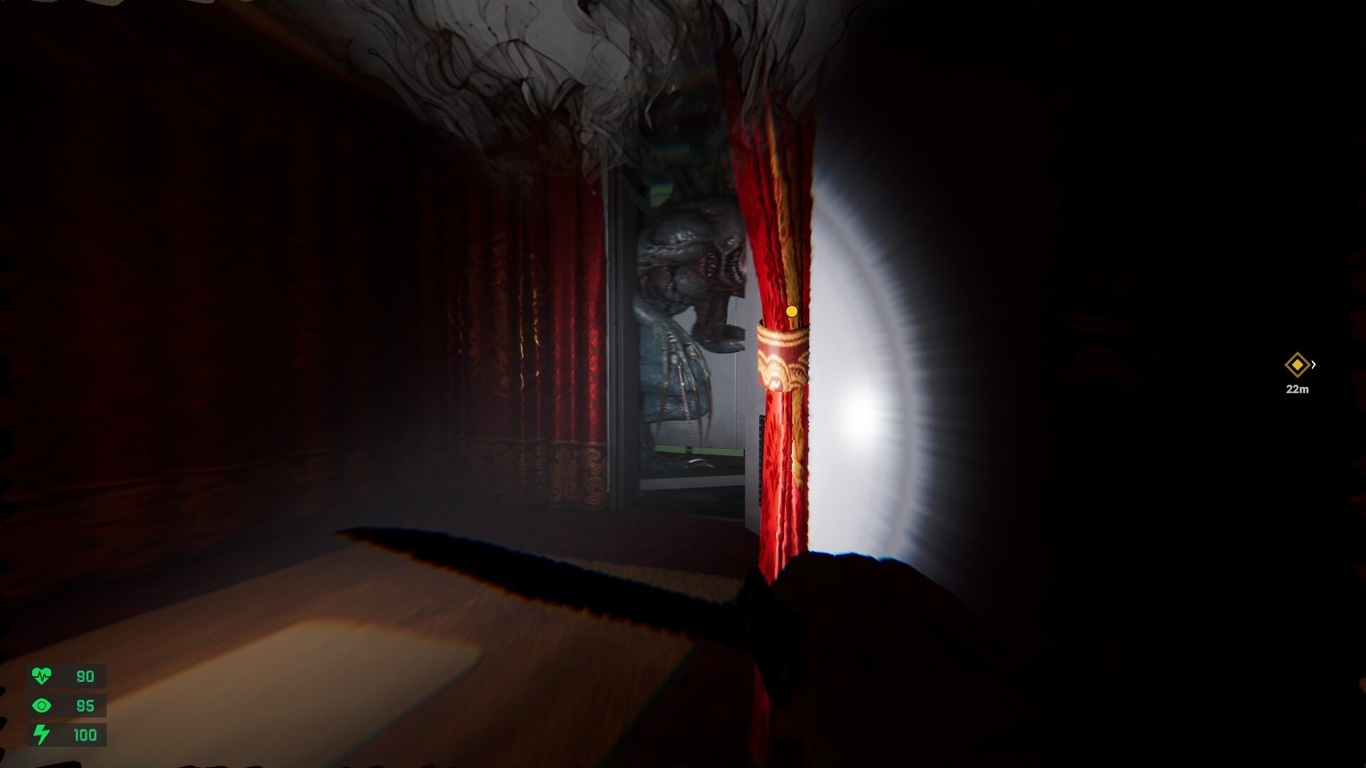 A torch is being illuminating a large aquatic creature just outside the door. The door itself has a red decorated curtain with gold design.