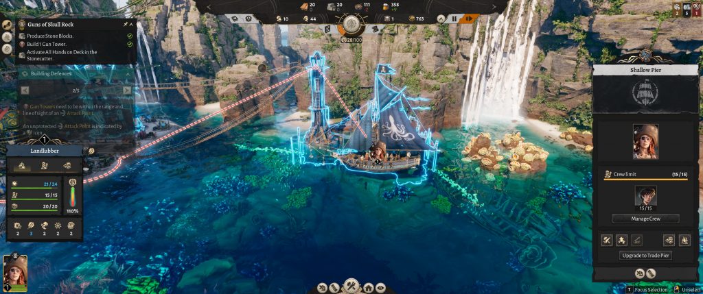 A tropical video game scene with wooden structures and a glowing highlighted ship; waterfalls cascade from cliffs into turquoise waters. An interface shows a character notification and various game options.