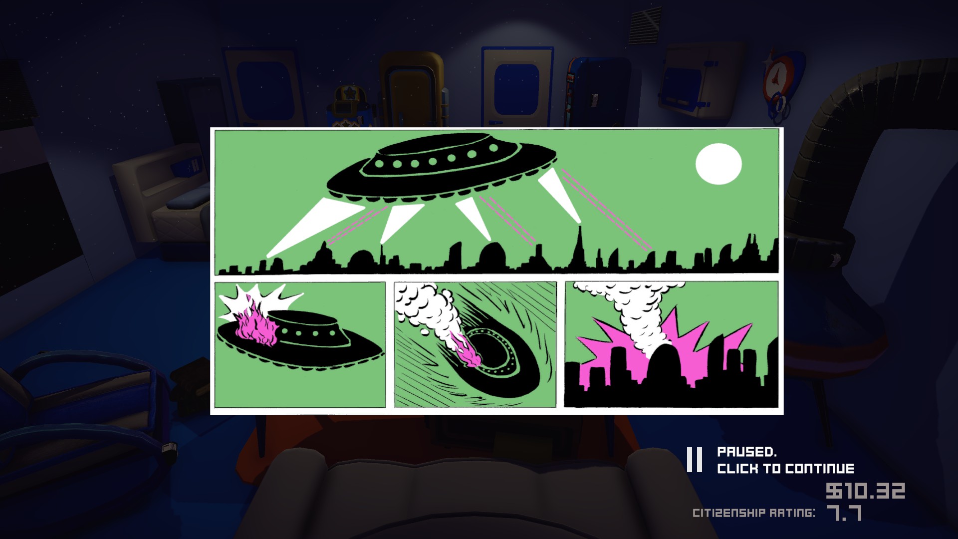 Illustrated comic showing a UFO beaming lights on a city, catching fire, crashing, and exploding in a pink blast against a green background.