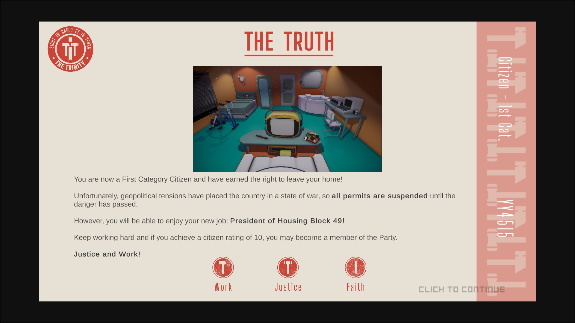 Game screen informing the player they are a First Category Citizen with suspended permits and a new job as President of Housing Block 49.