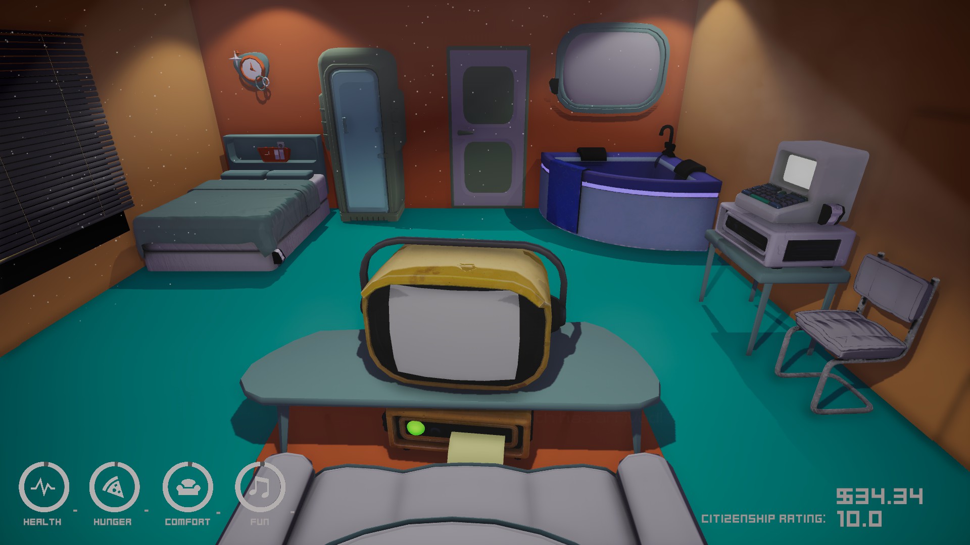 View of a retro-styled virtual room with a bed, old TV, computer, bathtub, chair, and status indicators on screen.