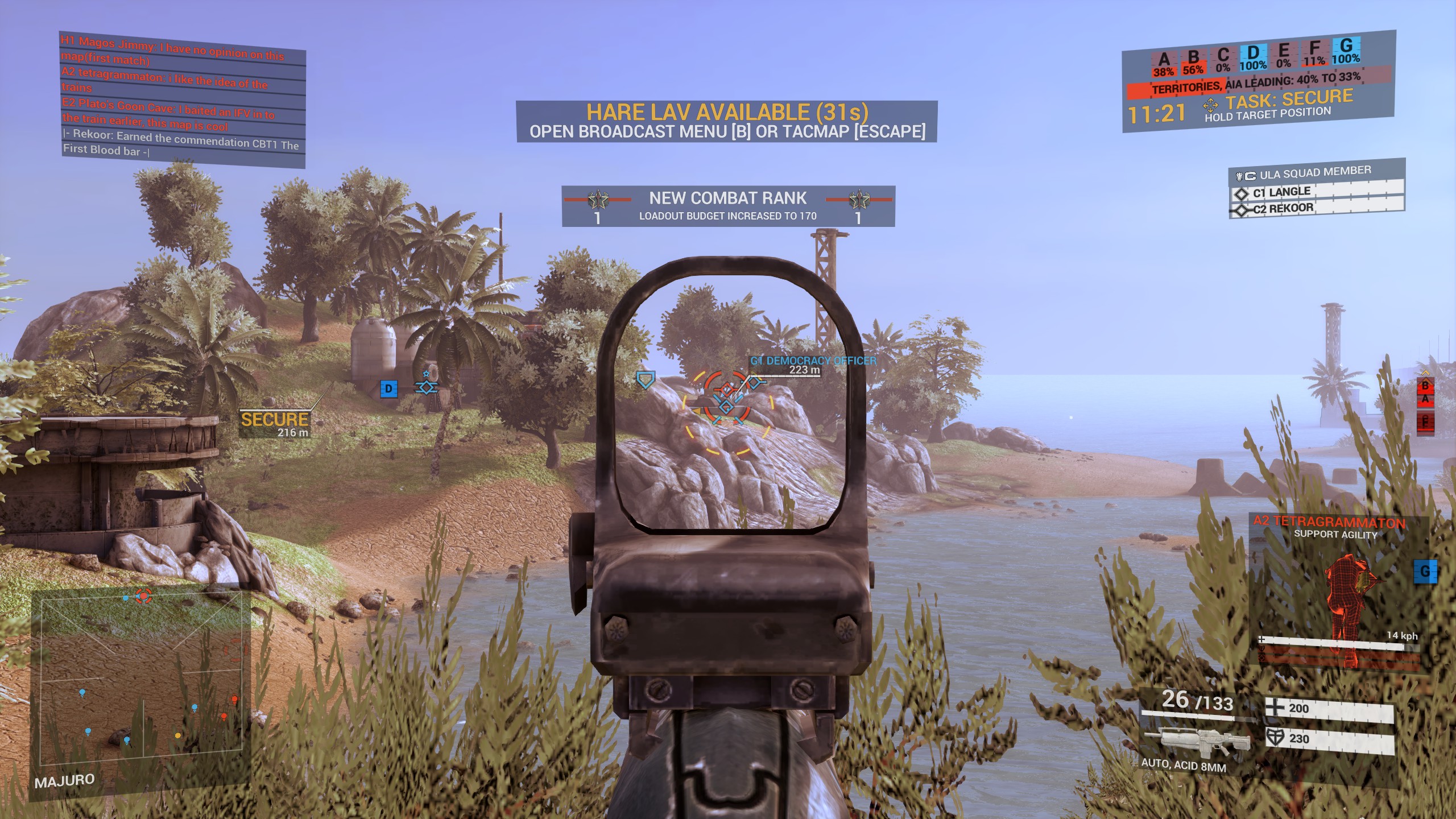 First-person shooter game view aiming at enemy near a beach with multiple HUD elements showing mission status and player info.