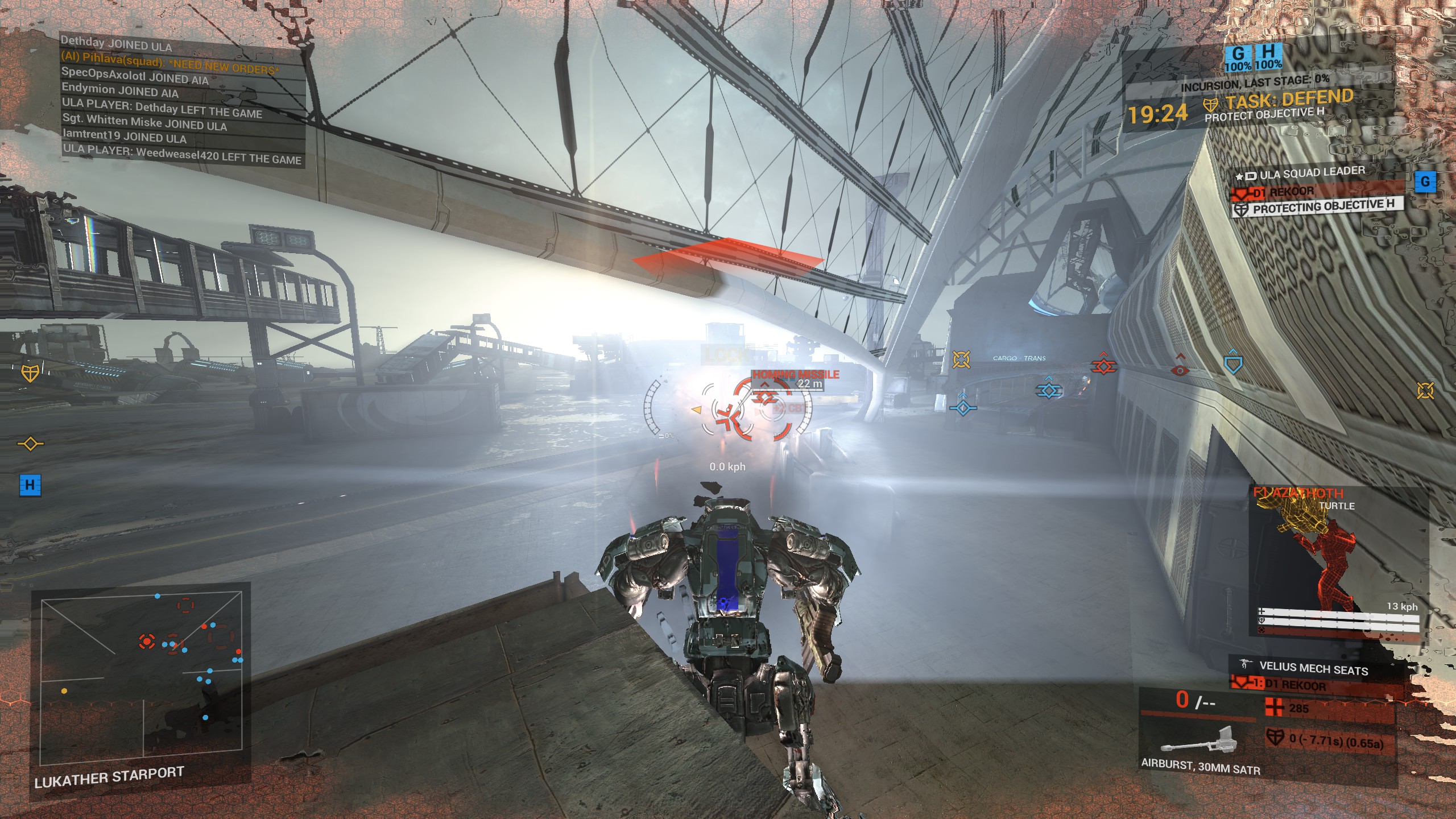 Gameplay screenshot of a mech combat game showing a player's mech targeting a homing missile inside a futuristic industrial hangar.