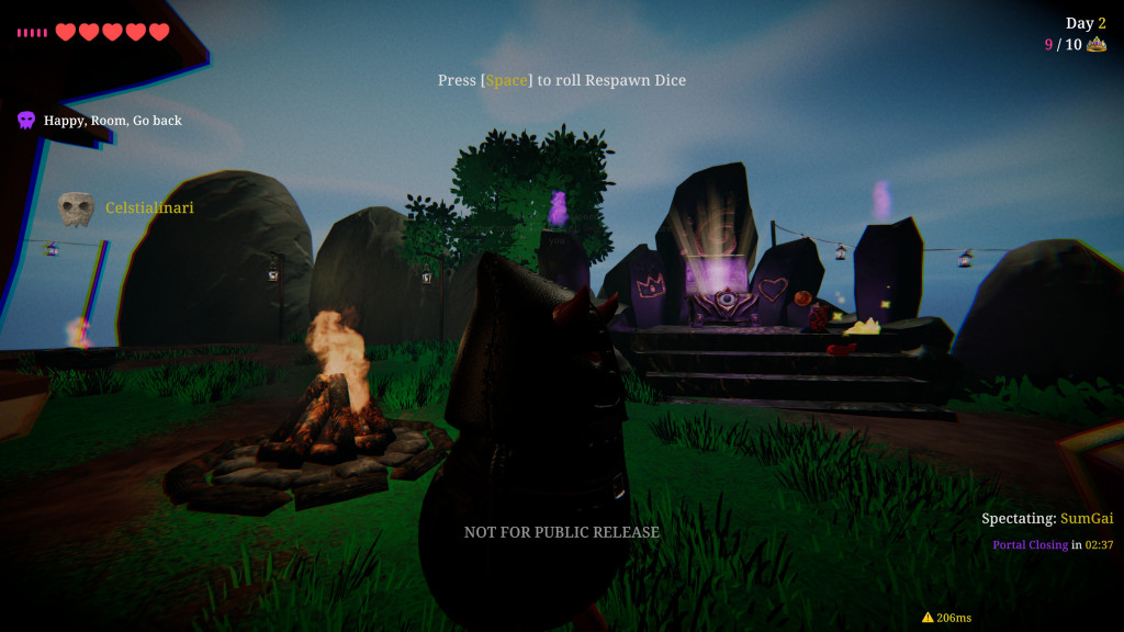 Third-person view of a hooded character near a campfire and glowing stone altar with game interface elements visible.