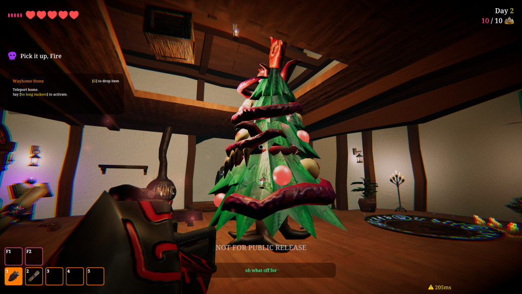Gameplay screenshot showing a Christmas tree wrapped in tentacle-like vines inside a wooden room with game UI elements and health hearts.