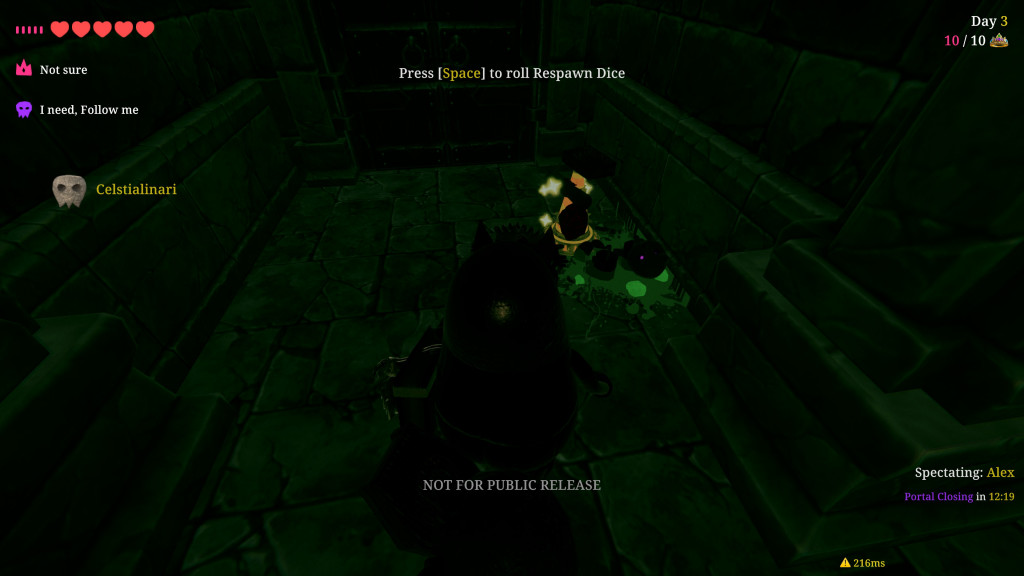 Dark dungeon corridor in a video game with health bars, player stats, and prompt to roll respawn dice on Day 3, spectating player Alex.