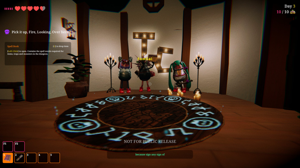 Screenshot from a game showing three small armored characters with red boots around a glowing rune circle inside a dimly lit room with candles and symbols.