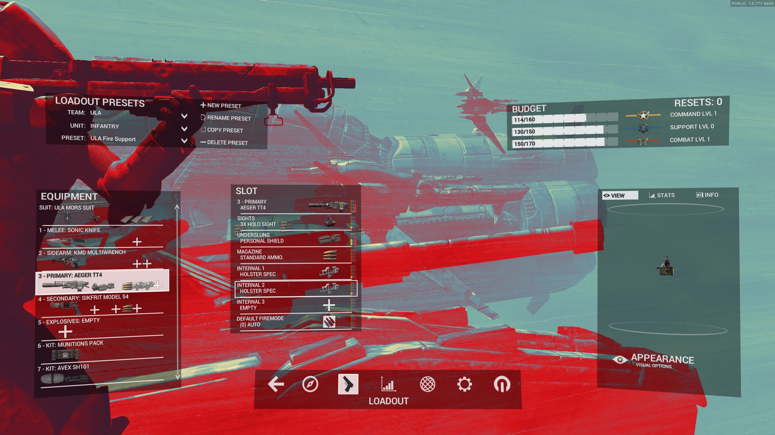 Game interface showing infantry loadout customization with weapons, equipment, preset options, and budget status over a futuristic background.