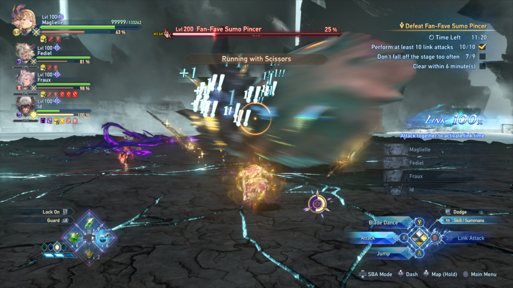 A party of four characters fights a large, blurred boss called Fan-Fave Sumo Pincer in a dark, cracked arena, with HUD elements and objectives displayed on screen.