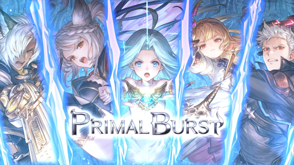 Fantasy anime-style characters with glowing swords in an action pose, surrounding the glowing title "Primal Burst" against a blue energy background.