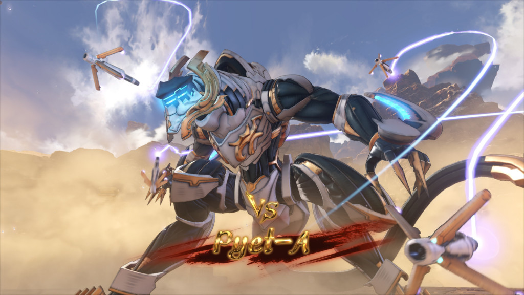 Futuristic armored warrior with glowing blue visor in battle stance, surrounded by hovering drones and energy trails in desert landscape.