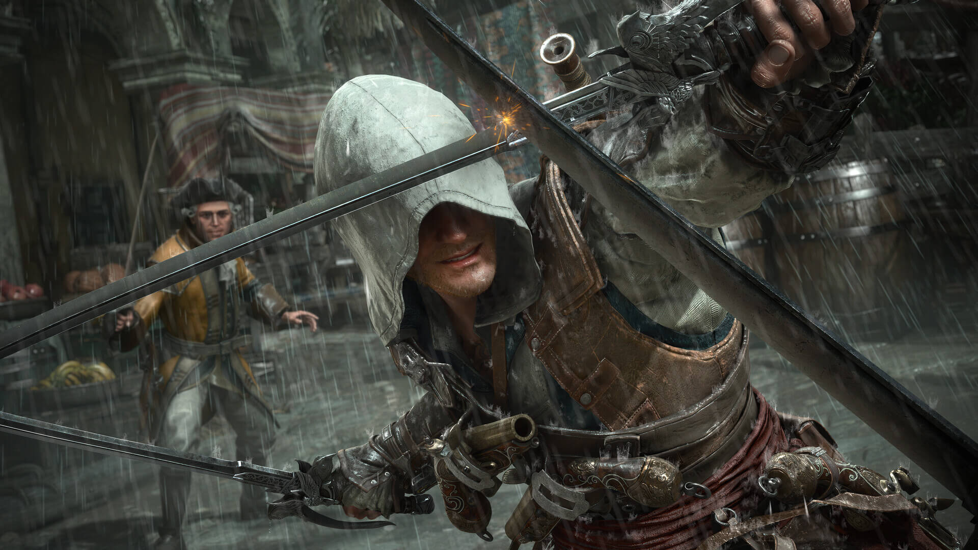 Protagonist Edward Kenway parries a sword attack with his own blade, inches from his face.
