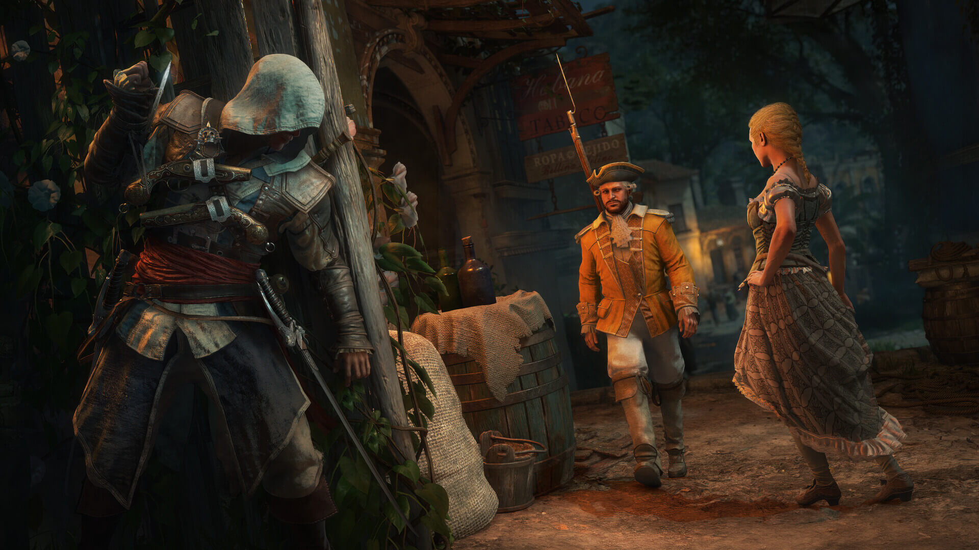Edwards hides behind a wall as a guard is walking towards him. A dancer is attempting to distract the guard.