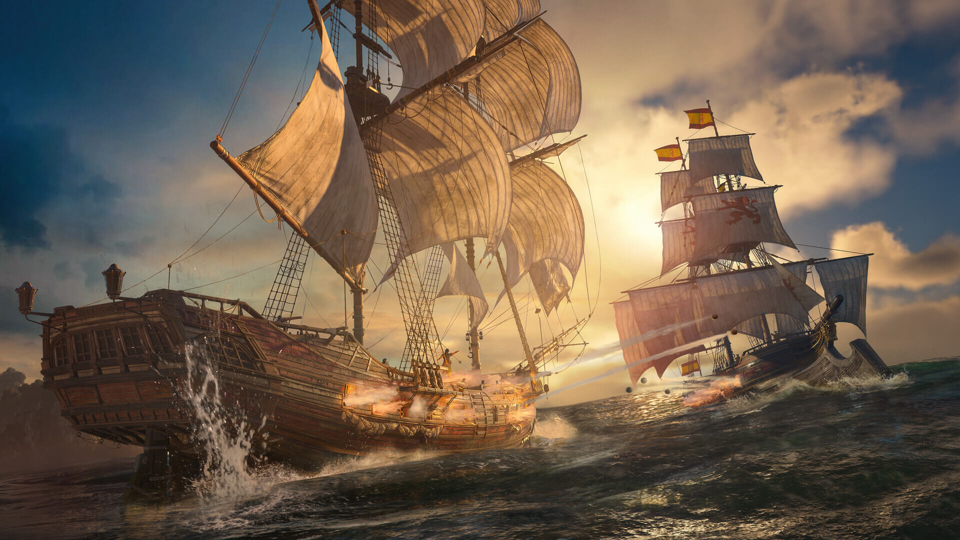 The Jackdaw sails towards an enemy ship. Both ships are firing their broadside cannons at one another.