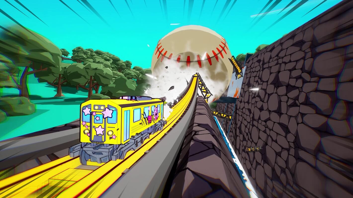 A giant baseball is chasing a train carriage. The ball is ripping up the environment as it moves, including the rail the train is riding on.