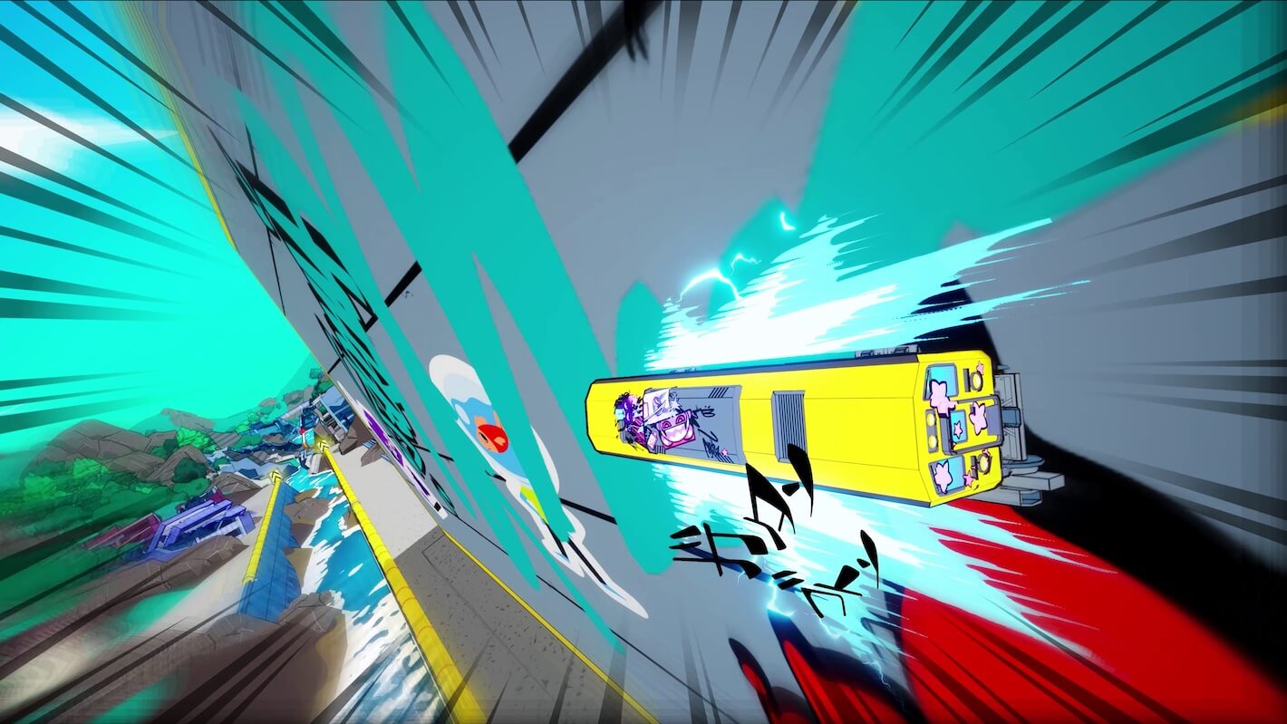 A train performing a wallride across a gap between two sets of rails.