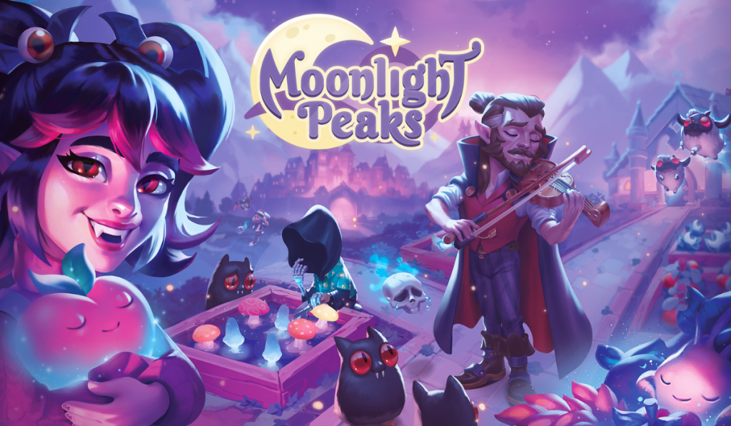 Moonlight Peaks Key art. A vampire with black hair and pigtails is standing to the left of the image, looking at the viewer while holding a berry. To the right, an older vampire is playing the violin. In the middle, Death is farming mushrooms.