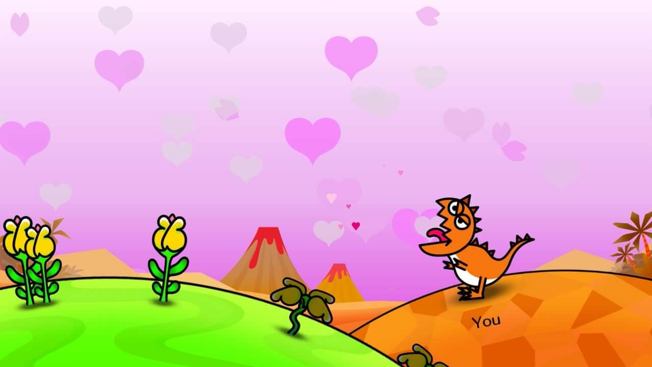 screenshot of rhythm paradise groove showing a dinosaur level, the aim is to eat the buds from the yellow flowers.