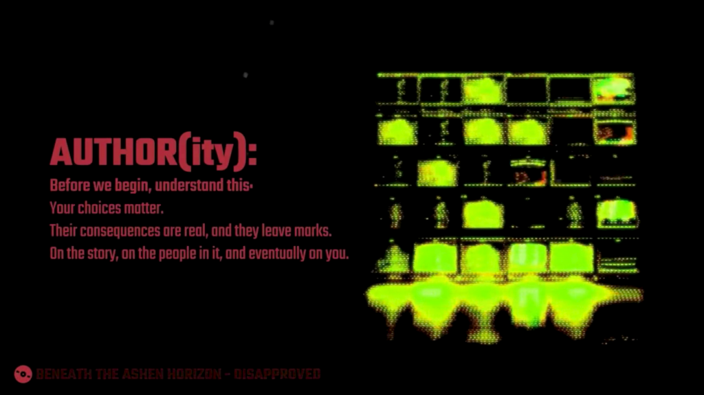 Red text showing a message from the Author(ity) warning of consequences on everyone involved including us. On the right is a wall of TVs or monitors with an uneasy green glow