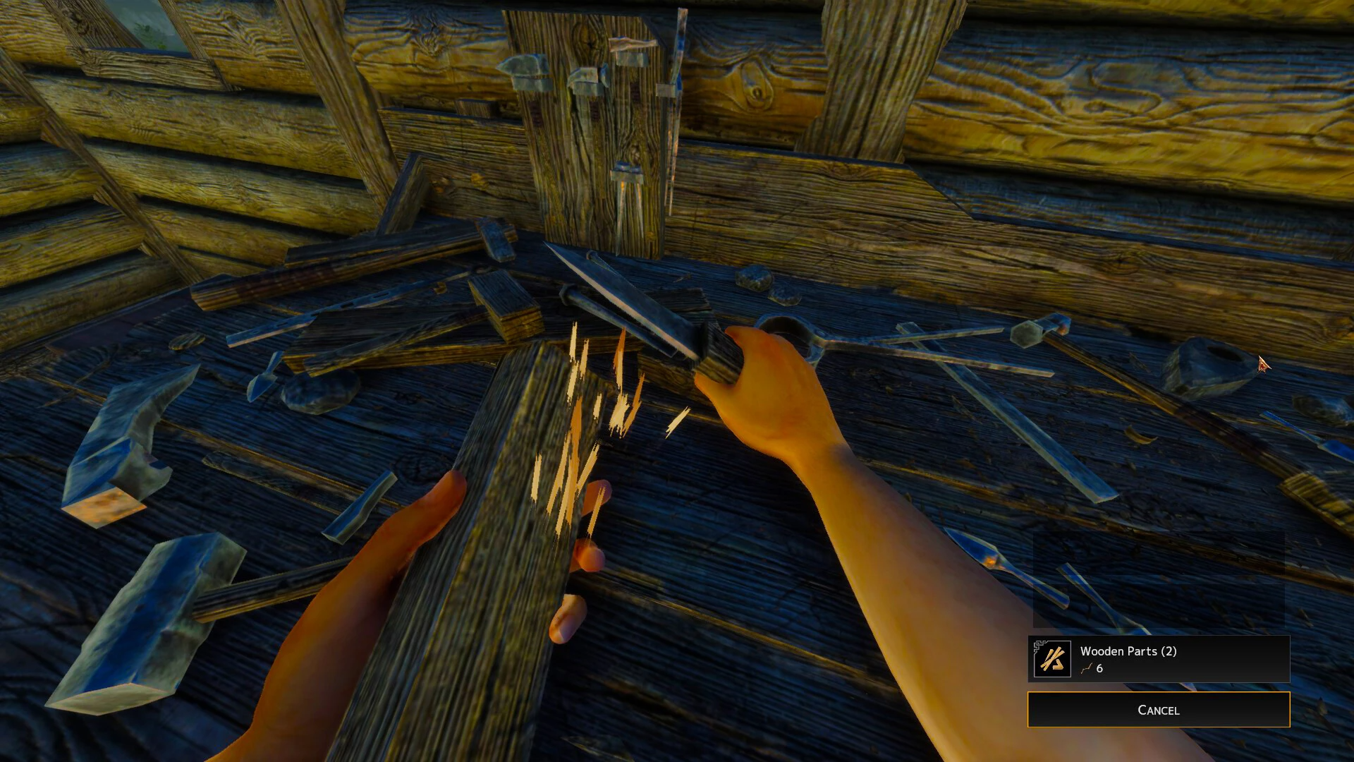 The player character is whittling wood down to create wooden parts.