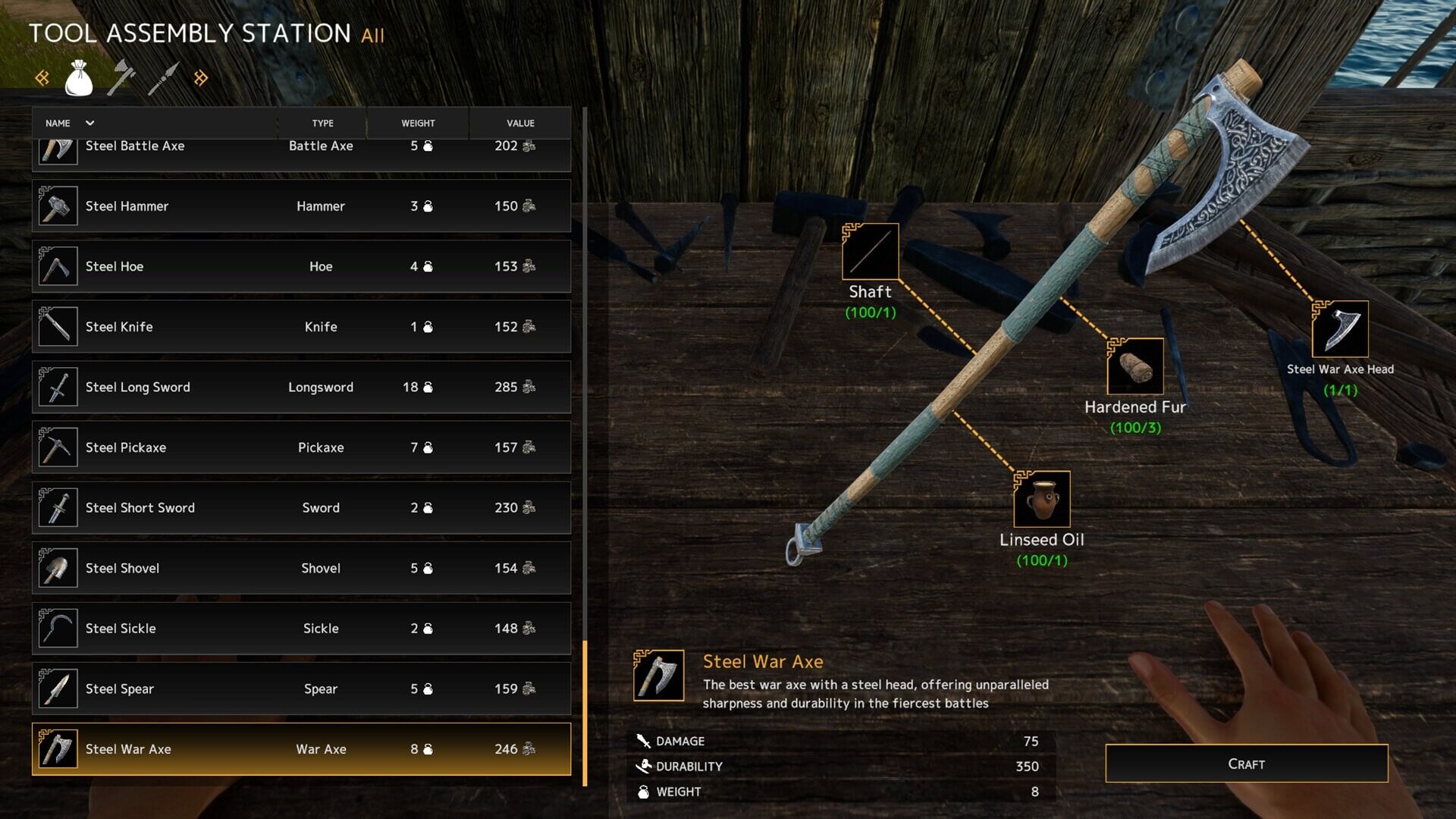 A menu showing a steel war axe being crafted. The player has to use various resources in order to craft.