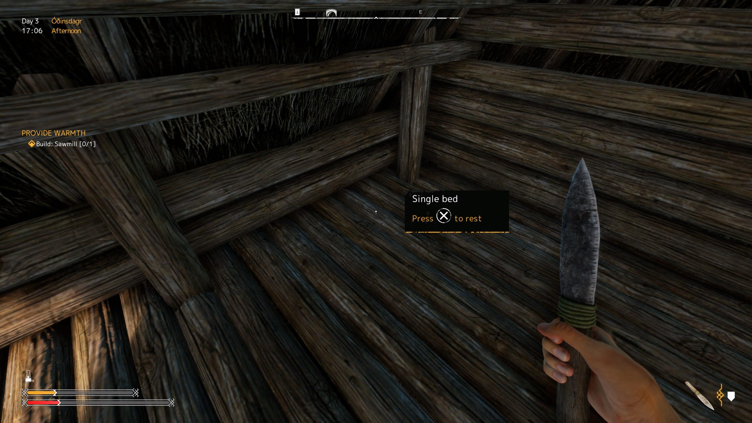 The player inside their home. A pop-up box states they are looking at a single bed, although the bed is invisible thanks to a glitch.