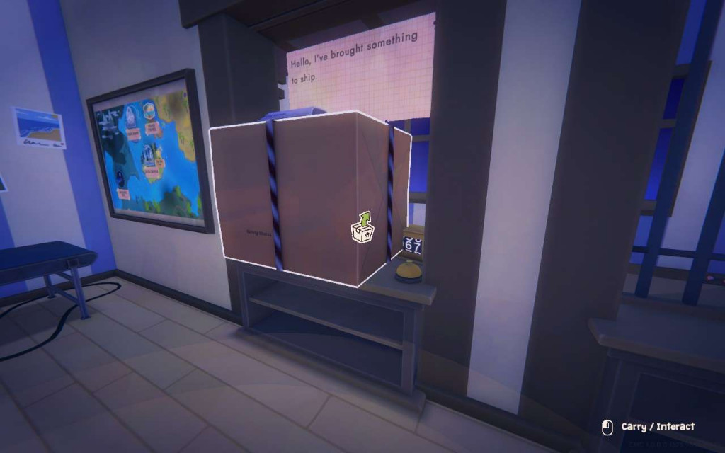 Box wrapped with ropes on a counter in a blue-toned room with a map on the wall and a typed note saying, "Hello, I've brought something to ship."