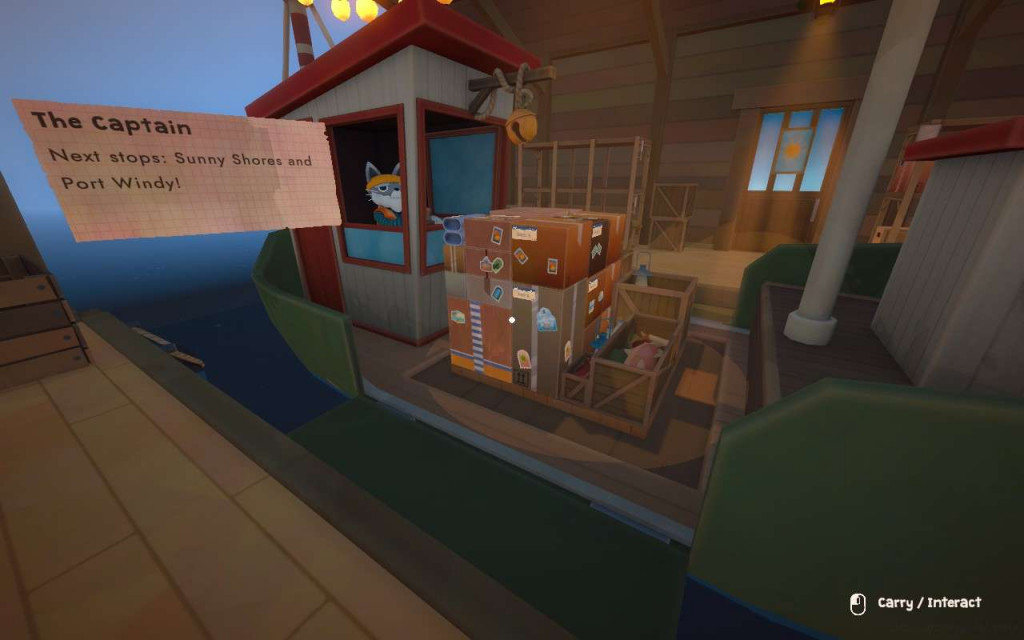 Alt text: Cartoon boat docked in a wooden pier with a cat captain visible inside, boxes and crates on deck, and a speech box with destination info.