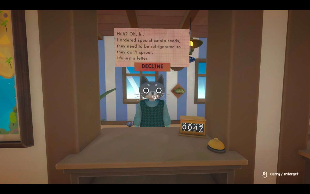 A cat character in a sweater stands behind a counter with a bell and a note about special catnip seeds needing refrigeration.