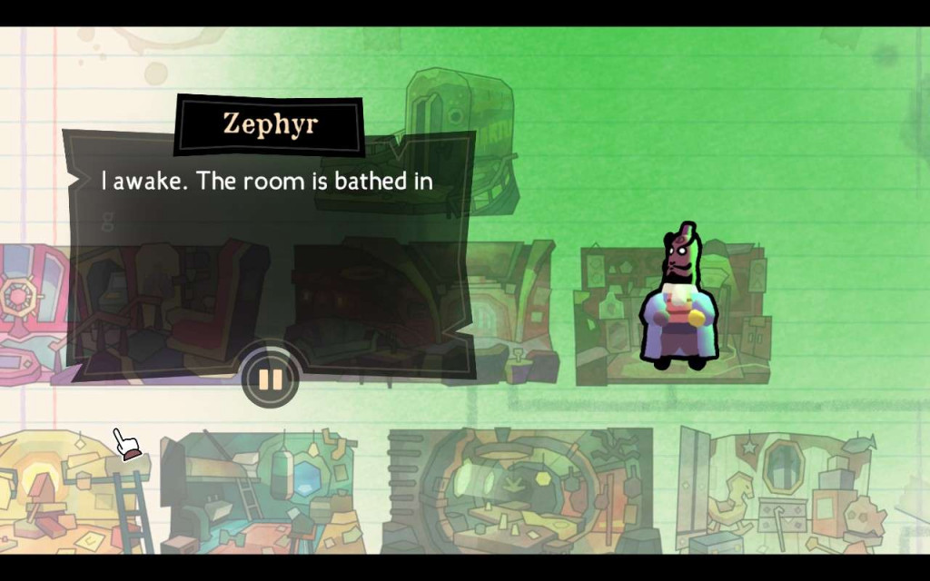 Screenshot from a game featuring a character named Zephyr with dialogue saying "I awake. The room is bathed in" over a colorful, sketch-like background.