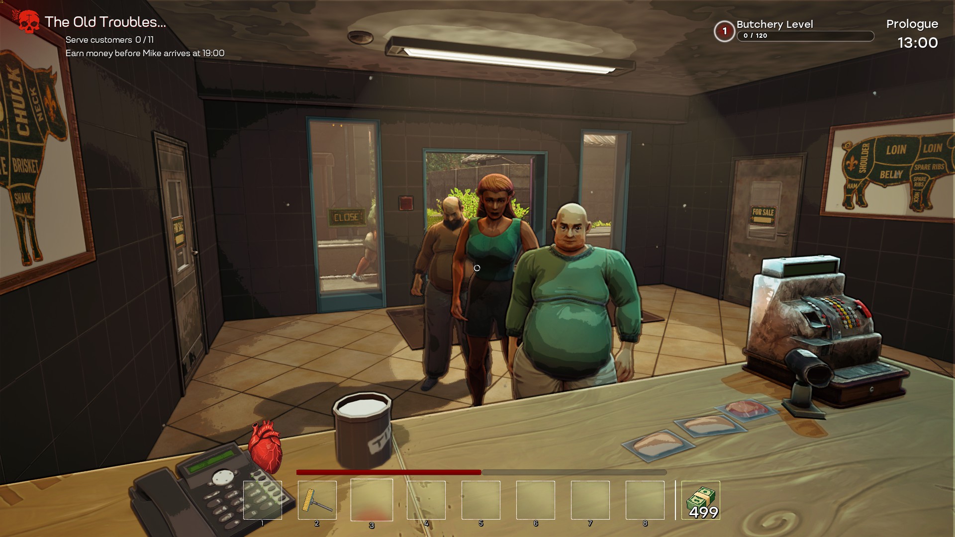 Video game screenshot of a dim butcher shop: three people stand behind a counter with a cash register, meat cleaver, and heart icon HUD.