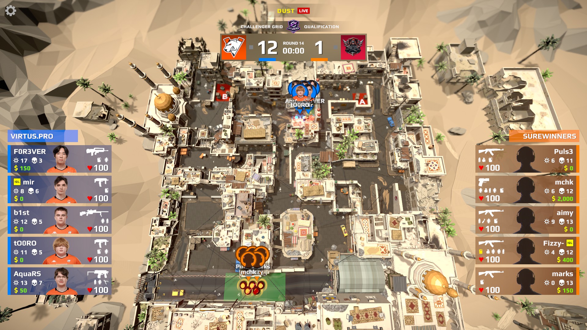 A top view of a map consisting of beige houses in a sandy desert. The blue team names listed to the left with their statistics and weapons, the orange team to the right of the screen, and the score at the top with blues winning 12-1
