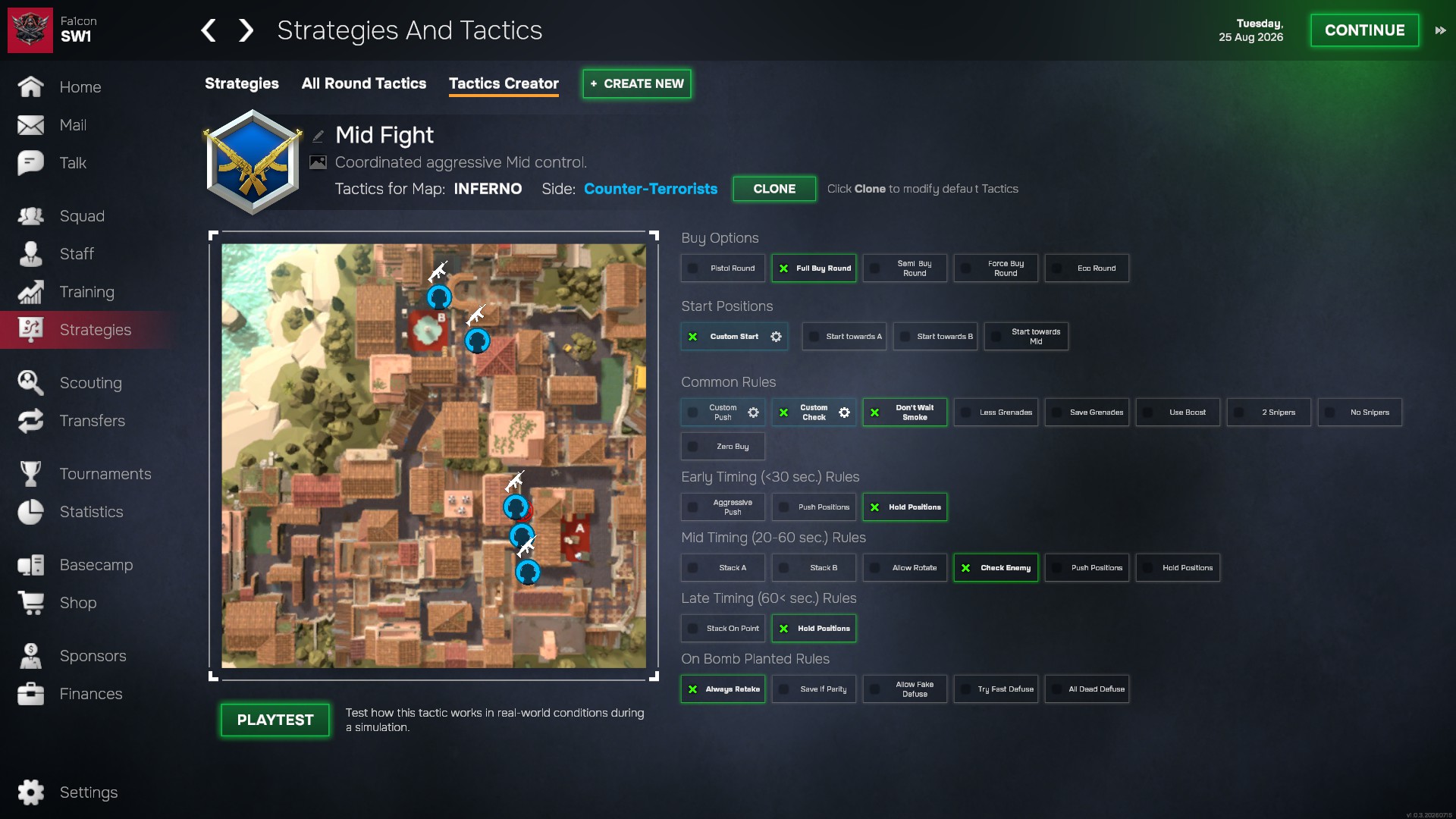 The strategy and tactics screen. A top down view of the map selected is visible to the left, and options to select to the right. Everything from Buy options, Start positions, Common rules, Early timing rules, Mid timing rules, late timing rules and finally on bomb planted rules. Under the map is a button to playtest the rules