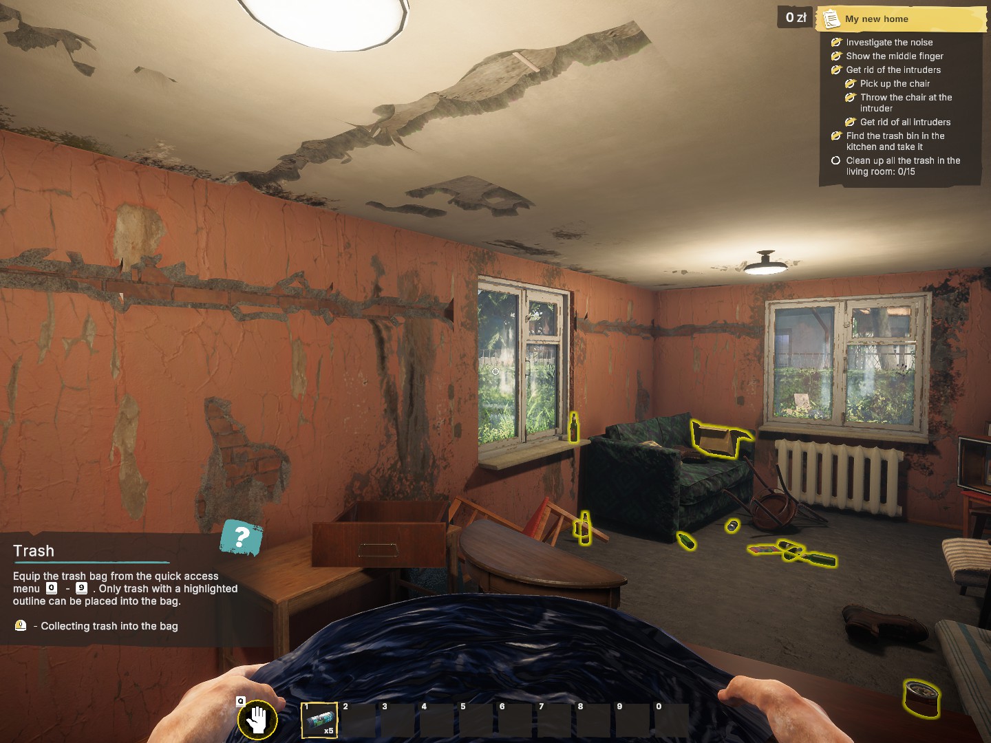 A run down apartment with the player carrying a rubbish bag