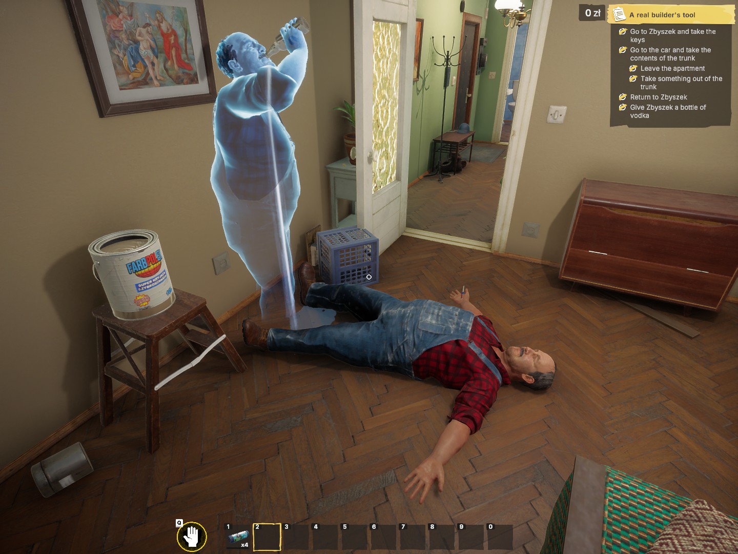 A handy man dead on the floor with a ghost standing over him drinking vodka