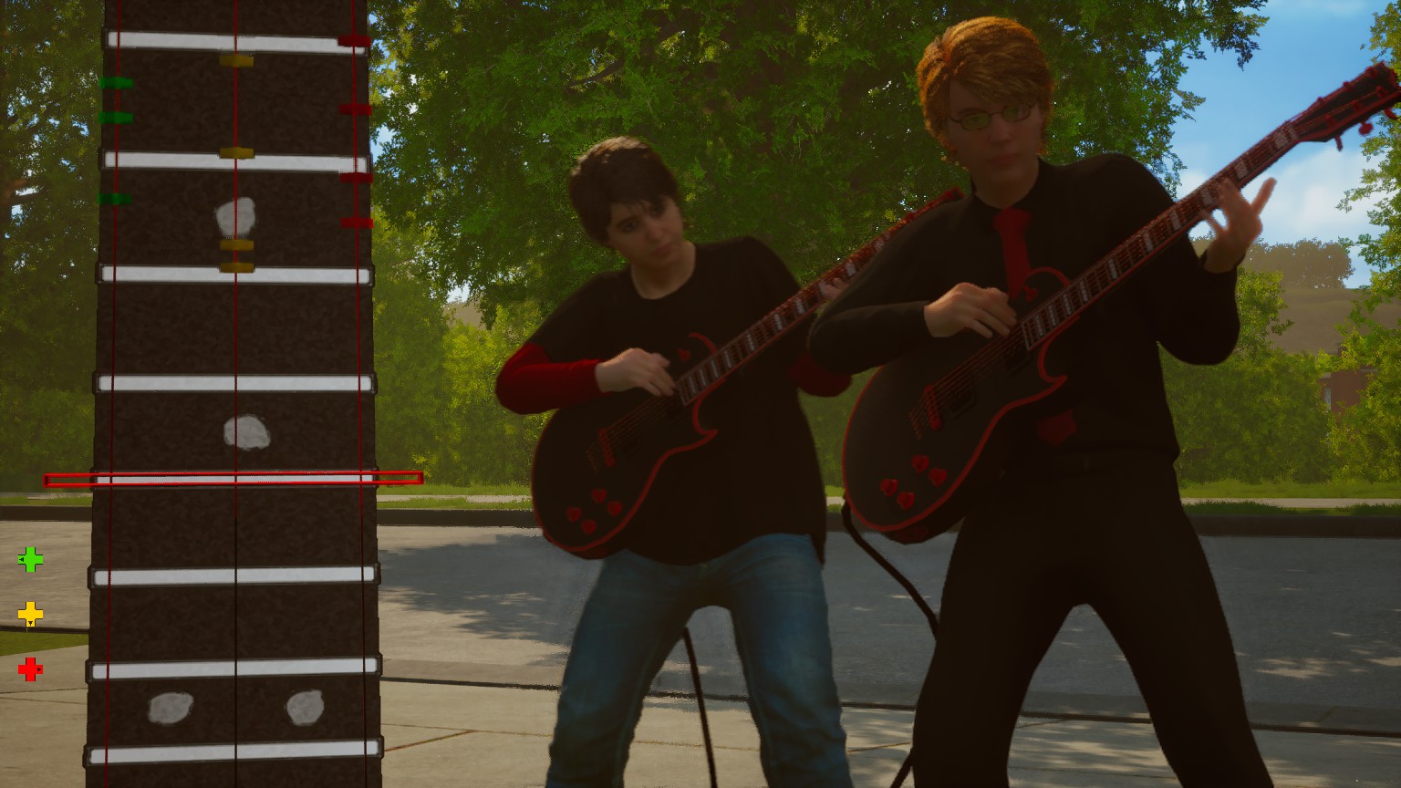 Two boys rocking out with the same black guitar with red outlines. Left shows a neck of a guitar as a board for a rhythm game. There are three colours fall down towards a red outlined box. 