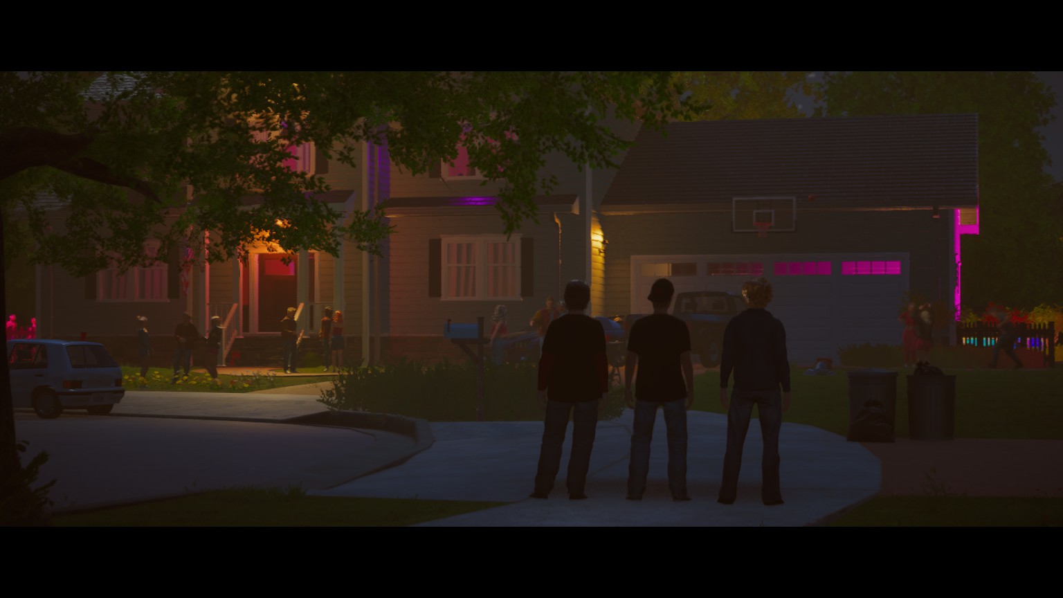 Three boys stood outside looking towards a house party. Several other characters are seen at the entrance to the building and there are some neon purple and pink lights around. 