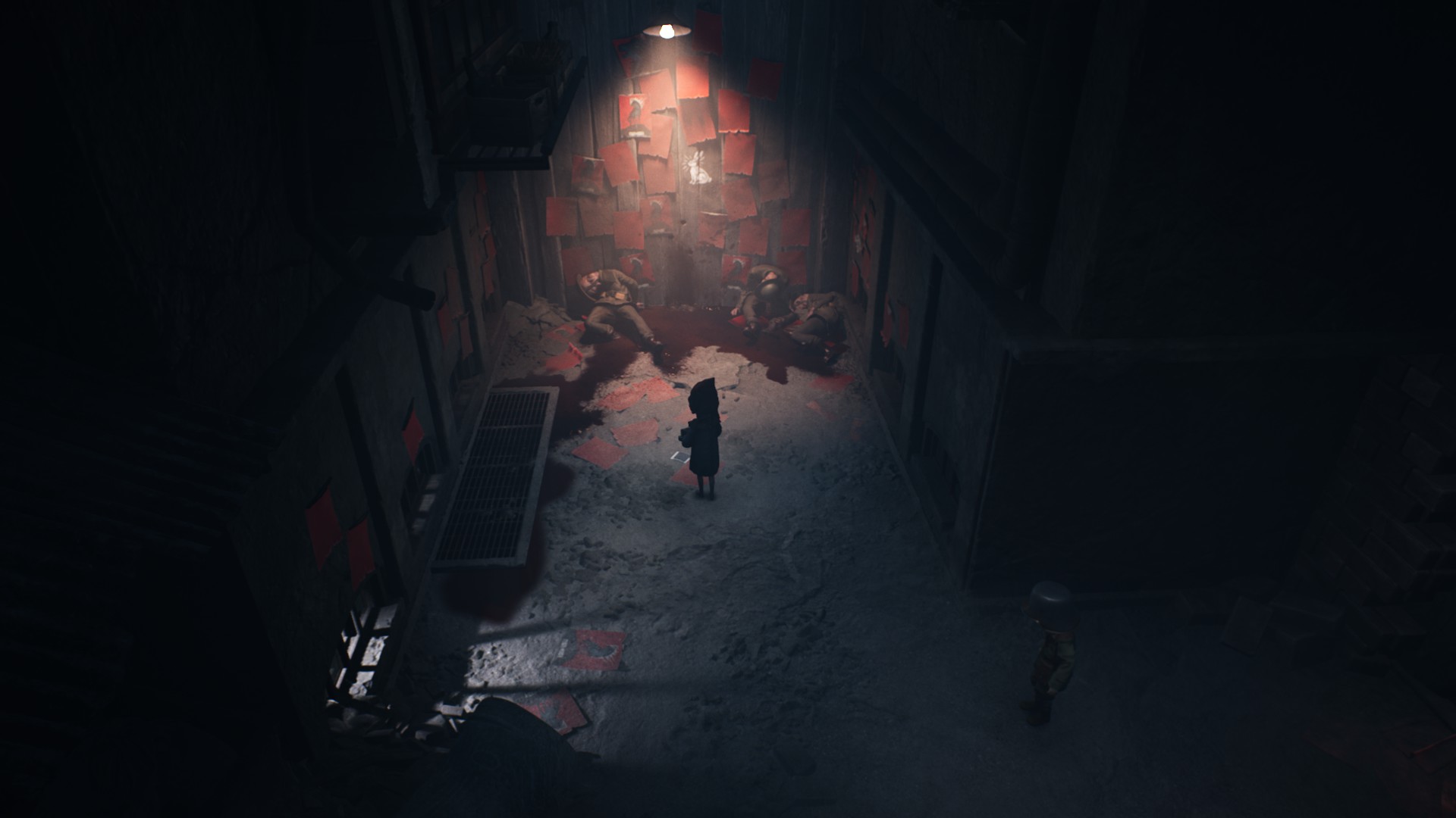 Two kids have come across a couple of bodies, the bodies look to be soldiers who were killed. They both lay up against a wall with red posters sprawled across with a single light beaming down.