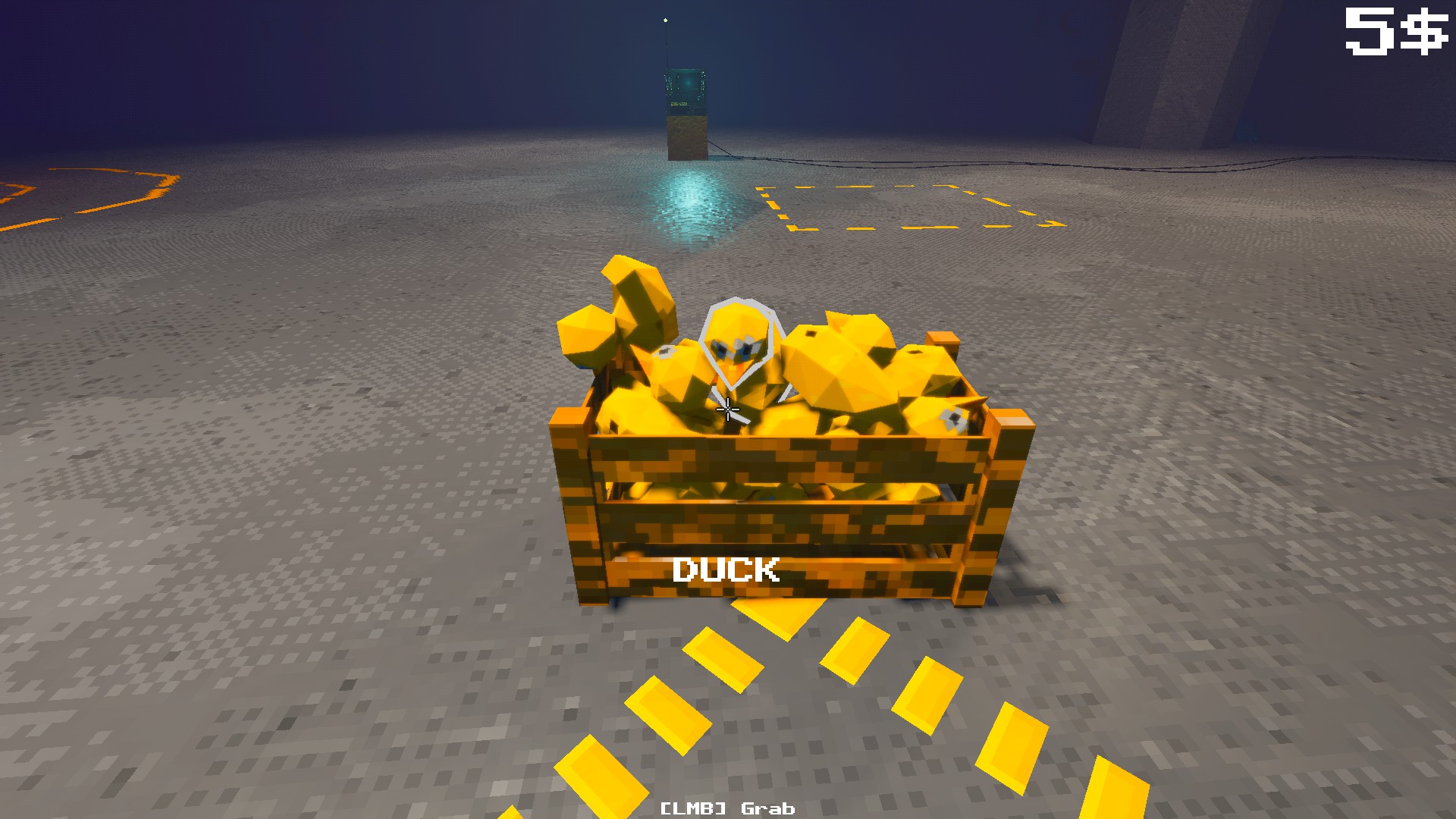 A brown crate full of yellow ducks.