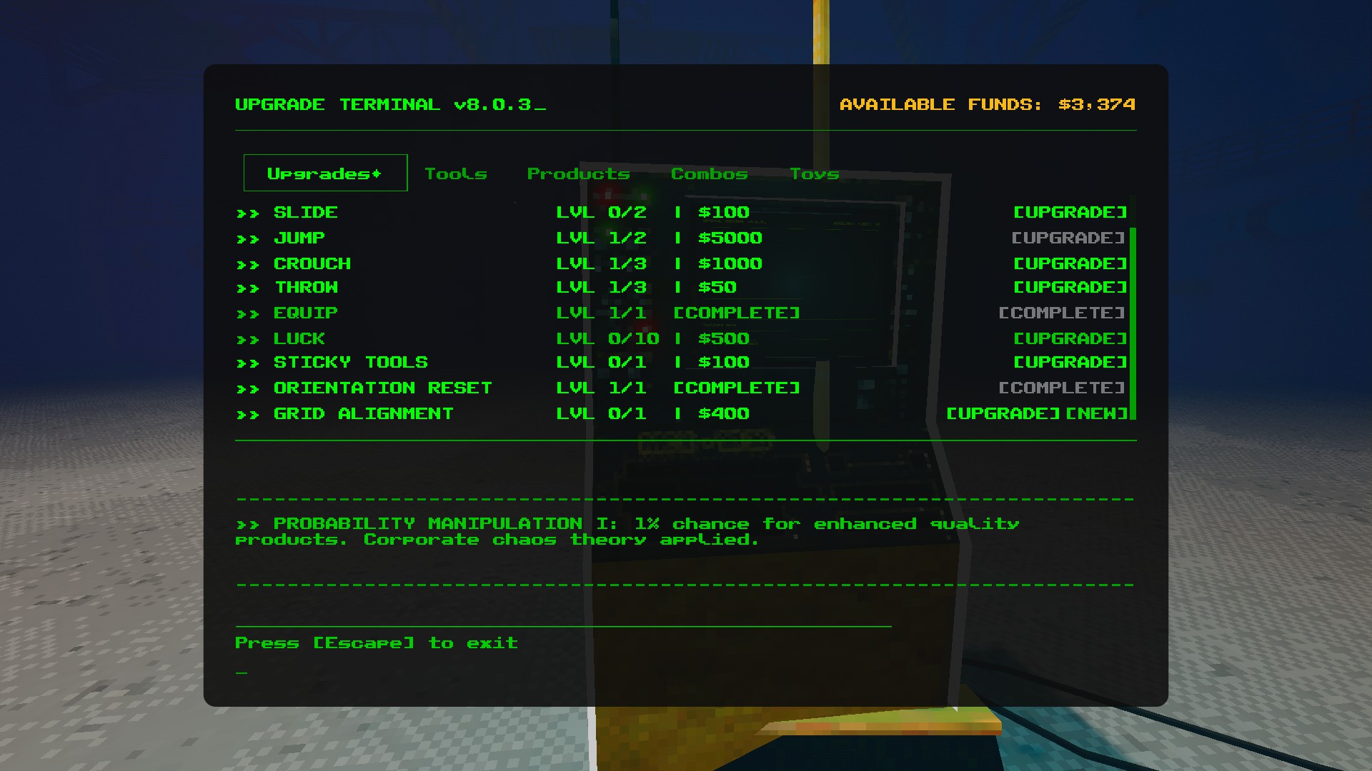 A black box with green text showing. It displays upgrades for the player to choose from.